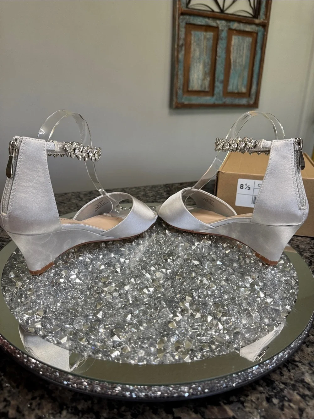 Journee Collection Conner Silver Satin Wedge Sandals Crystal Ankle Strap NEW 8.5